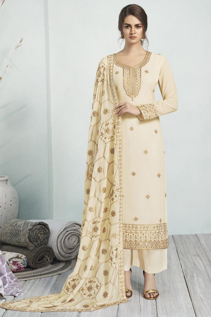 Festive Wear Alluring Beige Color Embroidered Georgette Fabric Palazzo Dress