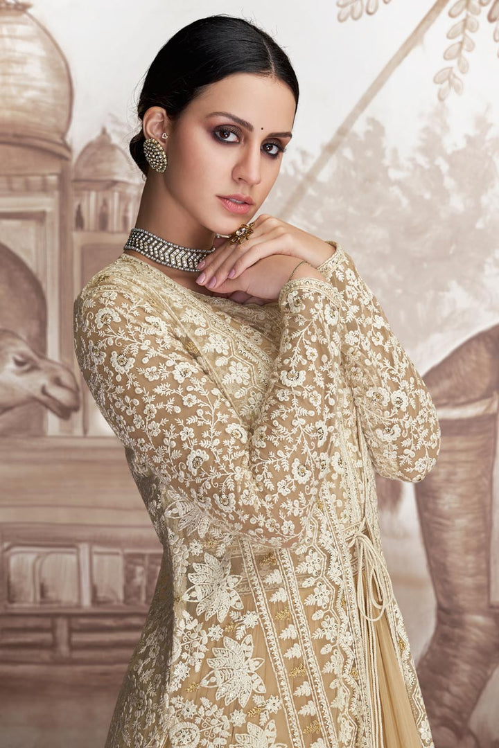 Designer Beige Color Georgette And Net Fabric Embroidered Floor Length Anarkali Suit