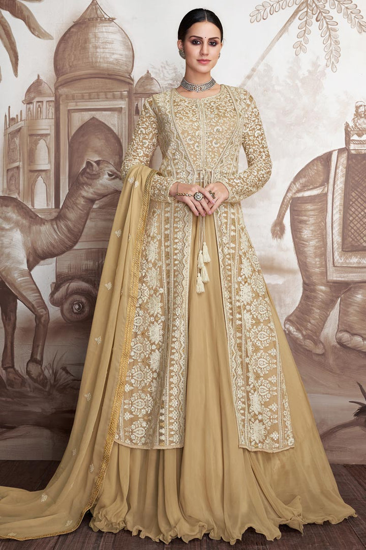 Designer Beige Color Georgette And Net Fabric Embroidered Floor Length Anarkali Suit