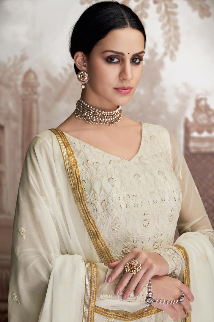 Designer Georgette And Net Fabric Embroidered Off White Color Floor Length Anarkali Suit