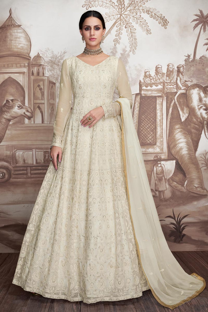 Designer Georgette And Net Fabric Embroidered Off White Color Floor Length Anarkali Suit