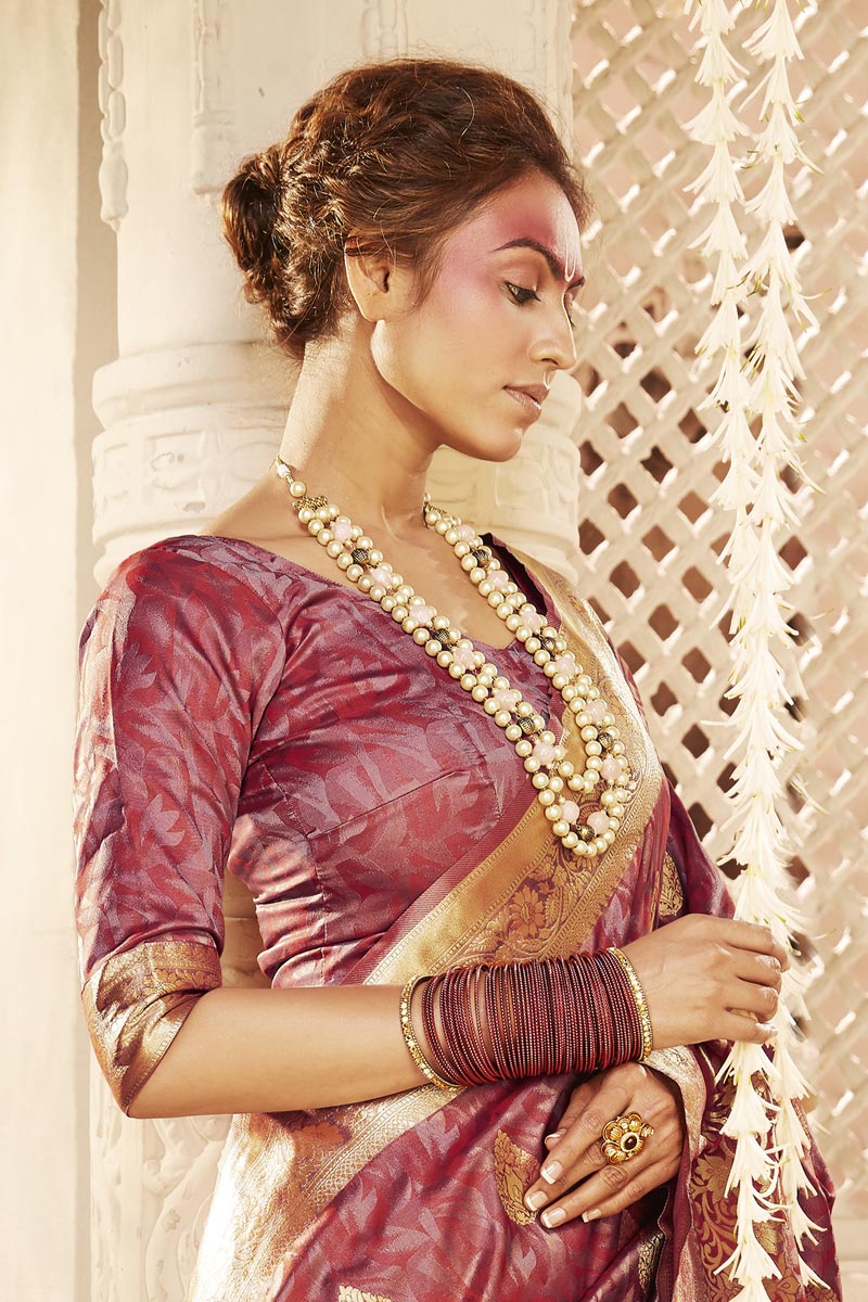 Wine Color Puja Wear Art Silk Trendy Weaving Work Saree