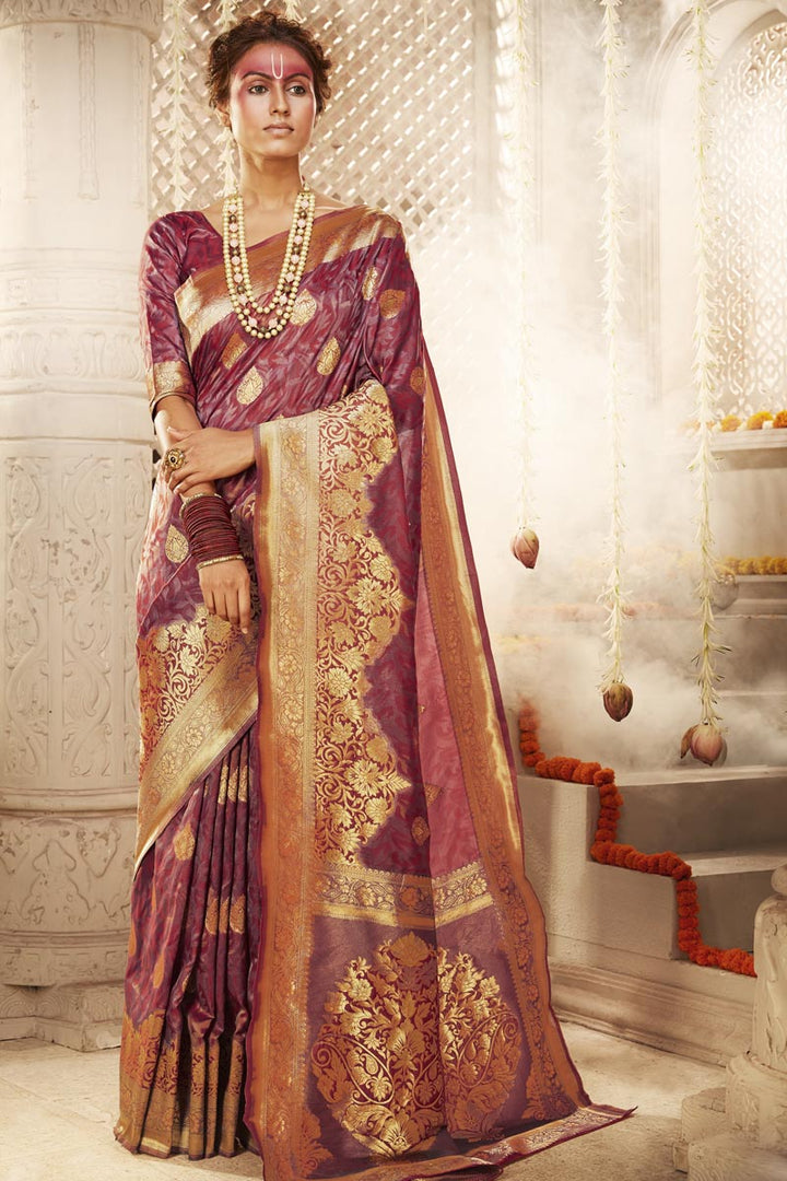 Wine Color Puja Wear Art Silk Trendy Weaving Work Saree
