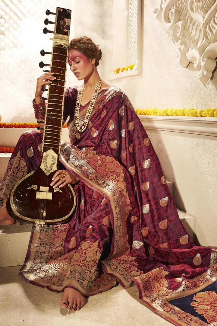 Puja Wear Burgundy Color Trendy Art Silk Weaving Work Saree