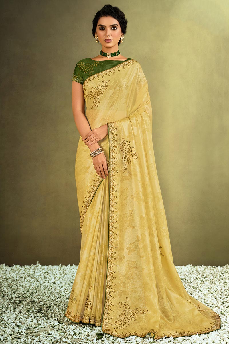 Printed Designs On Yellow Color Party Wear Saree In Tissue Fabric