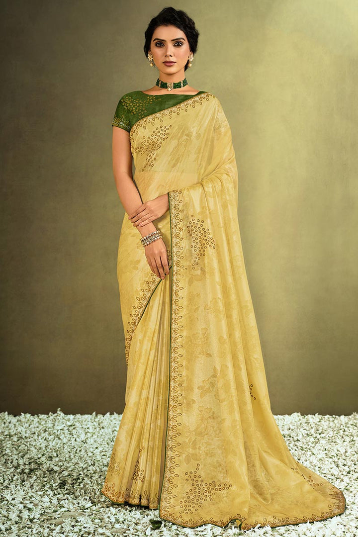 Printed Designs On Yellow Color Party Wear Saree In Tissue Fabric