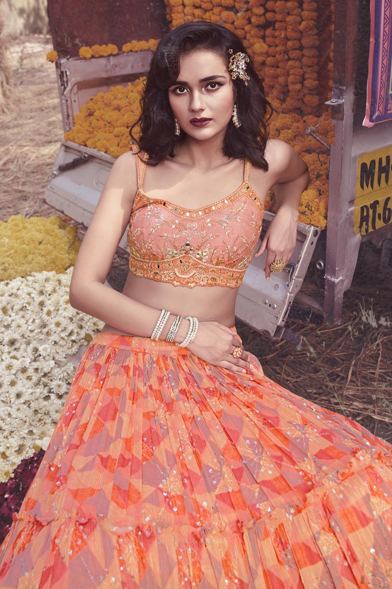 Incredible Chinon Fabric Peach Color Function Wear Printed Lehenga