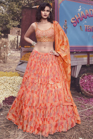 Incredible Chinon Fabric Peach Color Function Wear Printed Lehenga