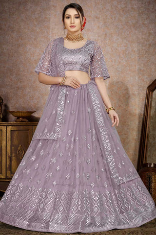 Purple Color Net Fabric Chic Sequins Work Lehenga