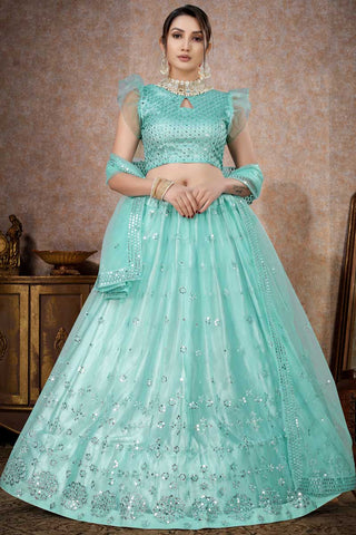 Net Fabric Wonderful Sequins Work Lehenga In Light Cyan Color