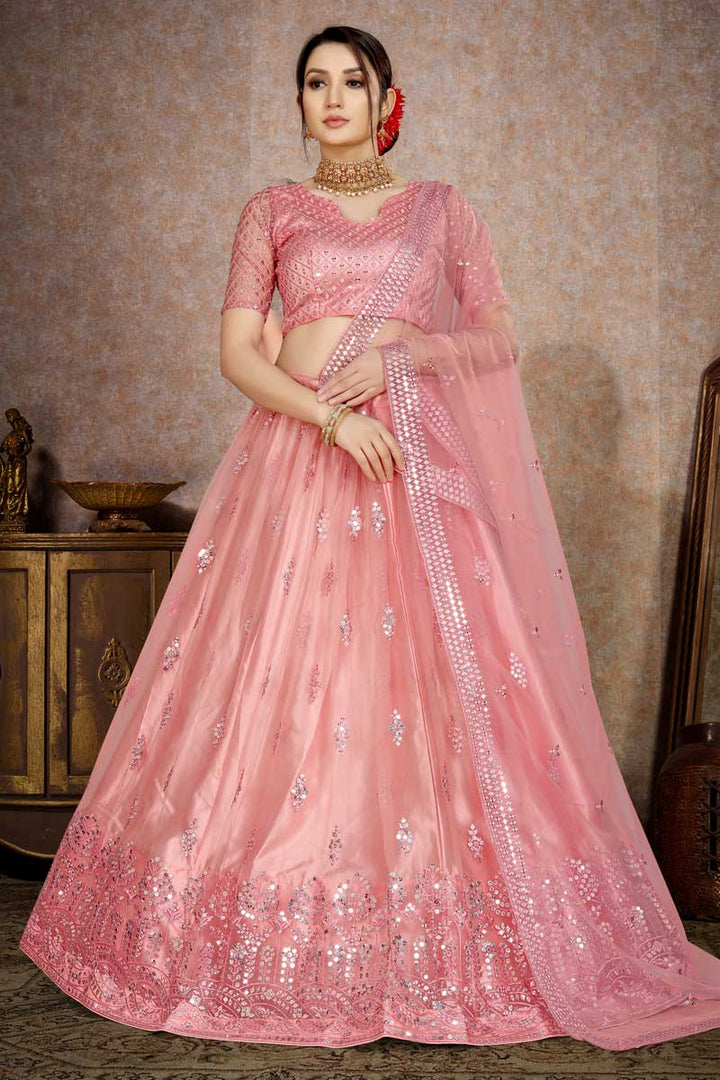 Net Fabric Pink Color Fantastic Sequins Work Lehenga