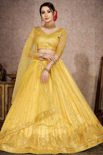 Load image into Gallery viewer, Mustard Color Net Fabric Awesome Sequins Work Lehenga
