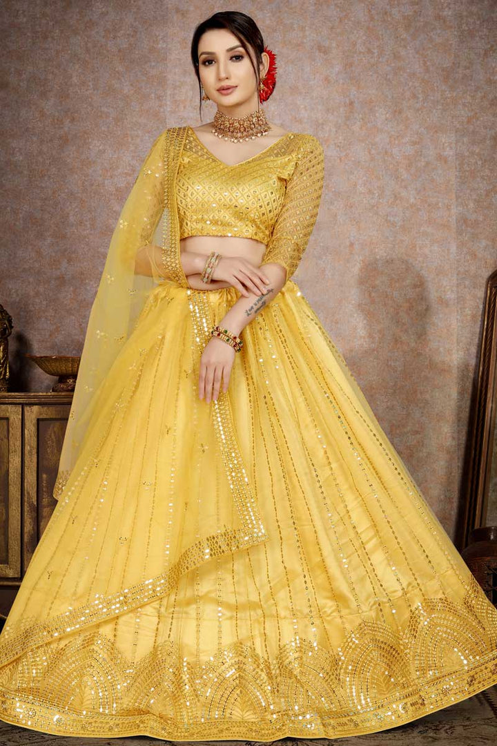 Mustard Color Net Fabric Awesome Sequins Work Lehenga