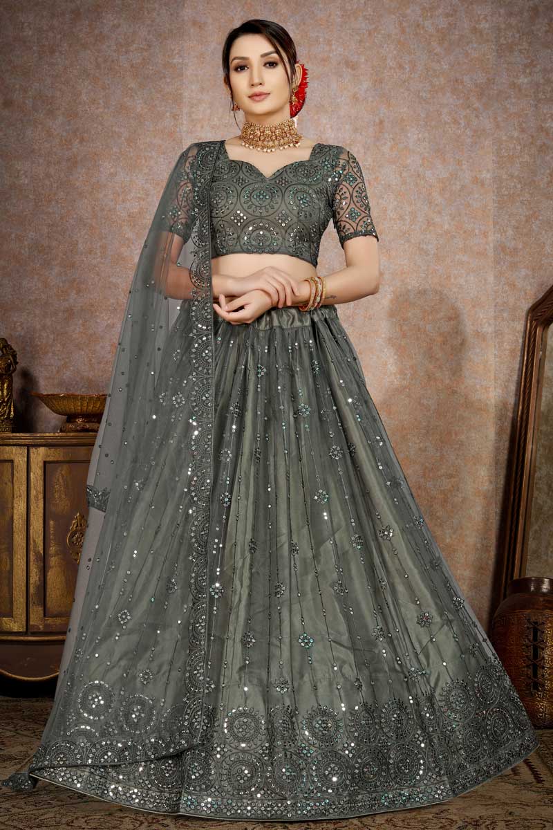 Net Fabric Grey Color Enticing Sequins Work Lehenga