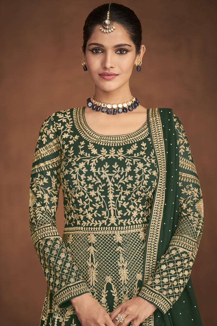 Georgette Fabric Dark Green Color Function Wear Anarkali Suit Featuring Vartika Singh With Winsome Embroidered Work
