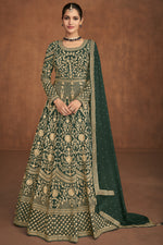Load image into Gallery viewer, Georgette Fabric Dark Green Color Function Wear Anarkali Suit Featuring Vartika Singh With Winsome Embroidered Work

