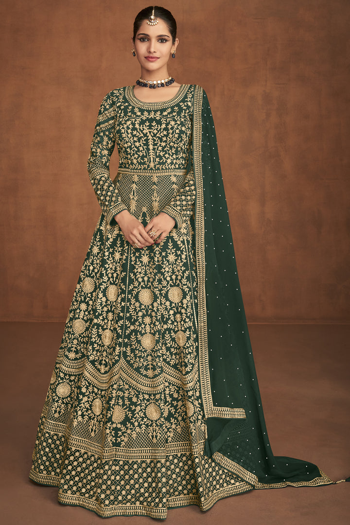 Georgette Fabric Dark Green Color Function Wear Anarkali Suit Featuring Vartika Singh With Winsome Embroidered Work