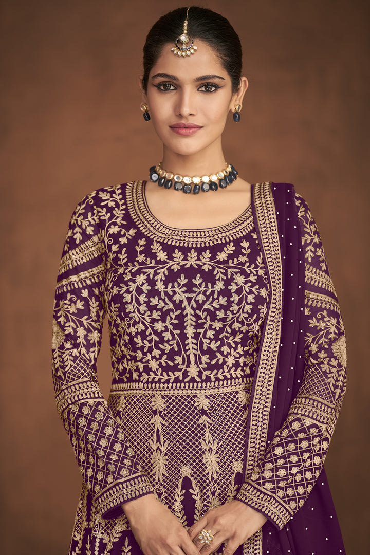 Beguiling Embroidered Work On Purple Color Georgette Fabric Function Wear Anarkali Suit Featuring Vartika Singh