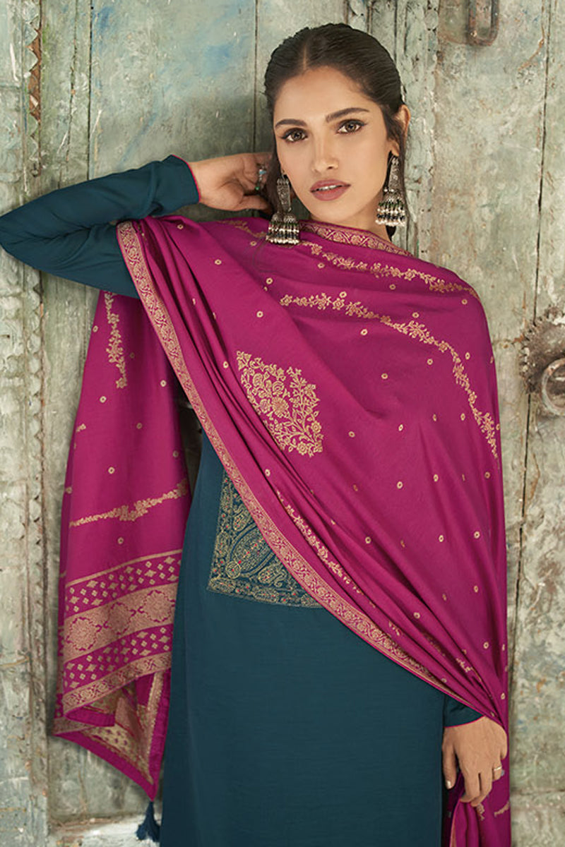 Linen Fabric Party Wear Teal Color Palazzo Suit Featuring Vartika Singh