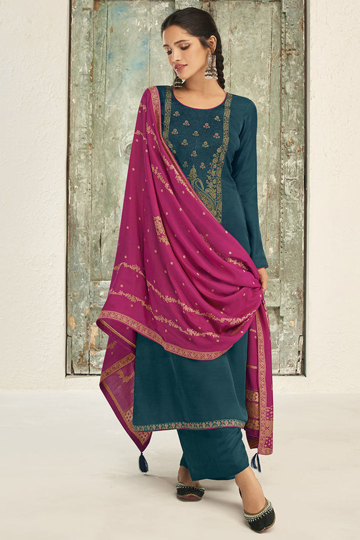 Linen Fabric Party Wear Teal Color Palazzo Suit Featuring Vartika Singh