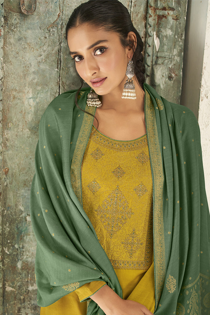 Alluring Embroidered Work Yellow Color Linen Fabric Party Wear Palazzo Suit