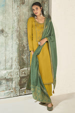 Load image into Gallery viewer, Alluring Embroidered Work Yellow Color Linen Fabric Party Wear Palazzo Suit
