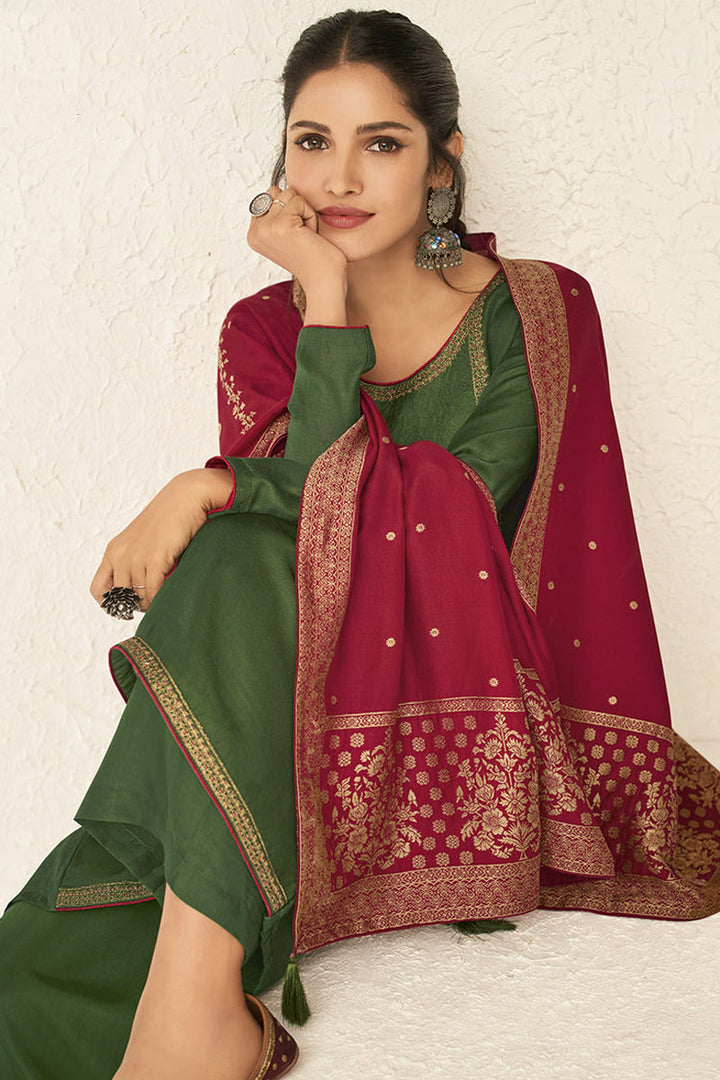 Embroidered Work Linen Fabric Green Color Party Wear Palazzo Suit Featuring Vartika Singh