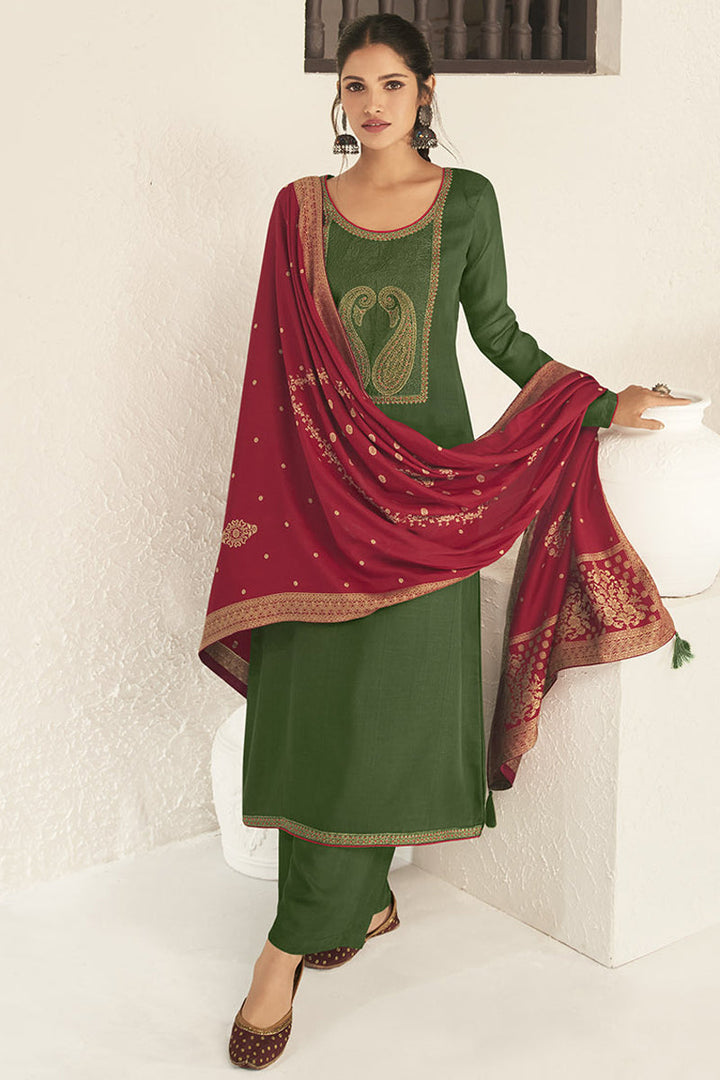 Embroidered Work Linen Fabric Green Color Party Wear Palazzo Suit Featuring Vartika Singh