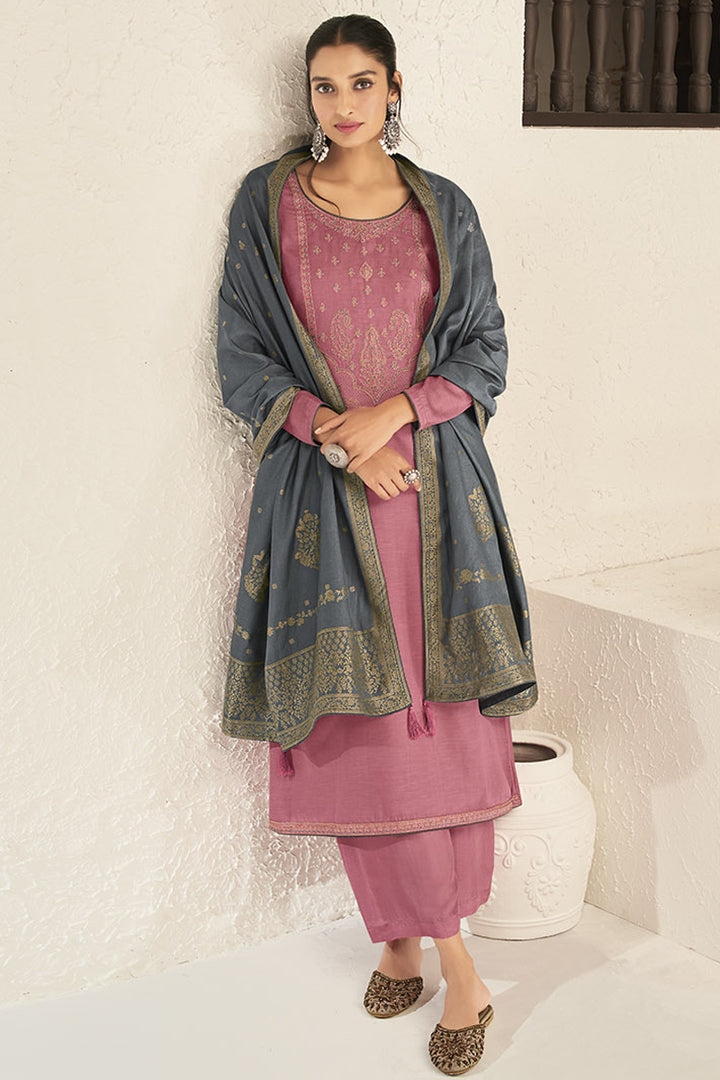 Elegant Linen Fabric Pink Color Party Wear Palazzo Suit With Embroidered Work
