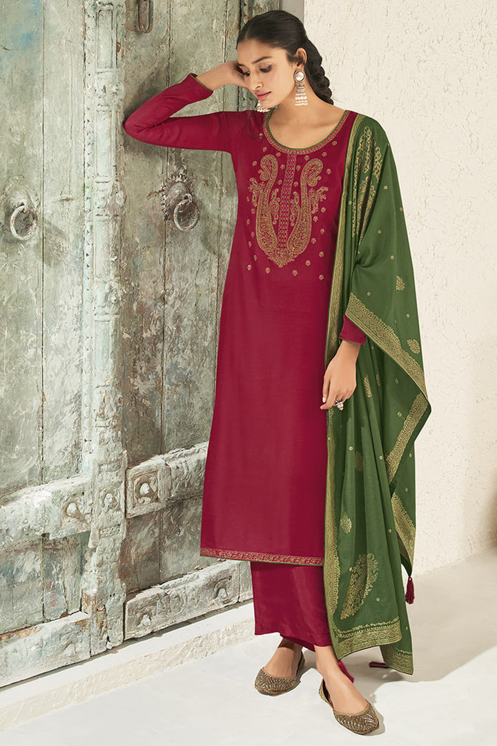 Incredible Embroidered Work Maroon Color Party Wear Palazzo Suit