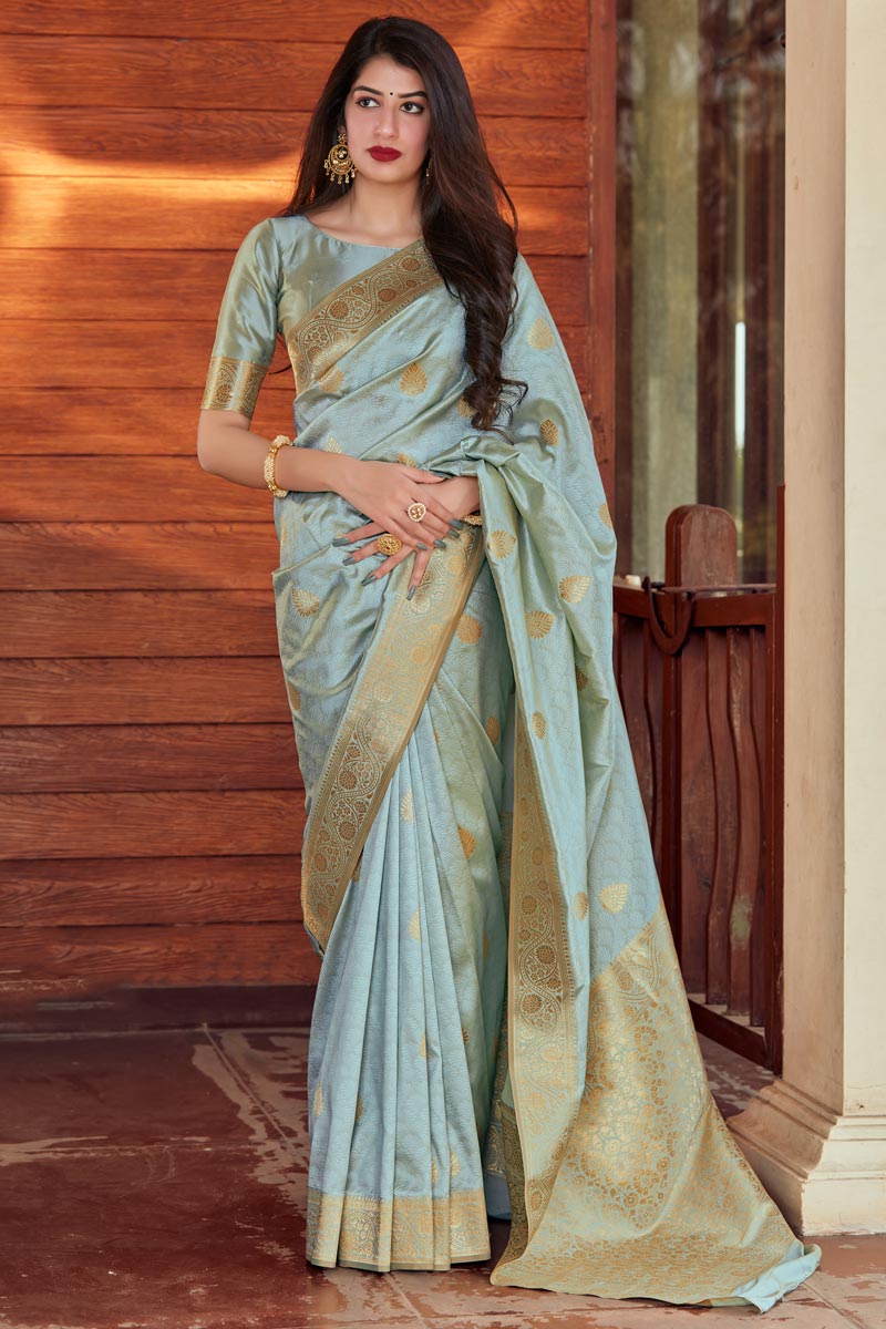 Light Cyan Color Party Wear Fancy Art Silk Fabric Weaving Work Saree