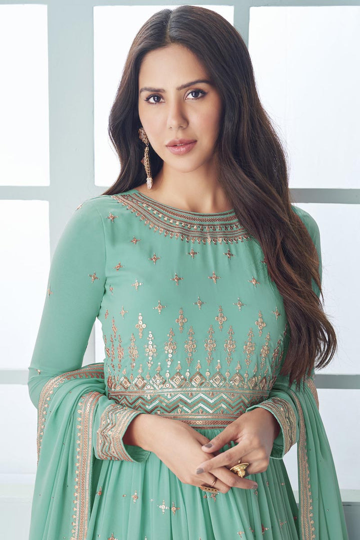 Sonam Bajwa Georgette Sea Green Color Anarkali Suit