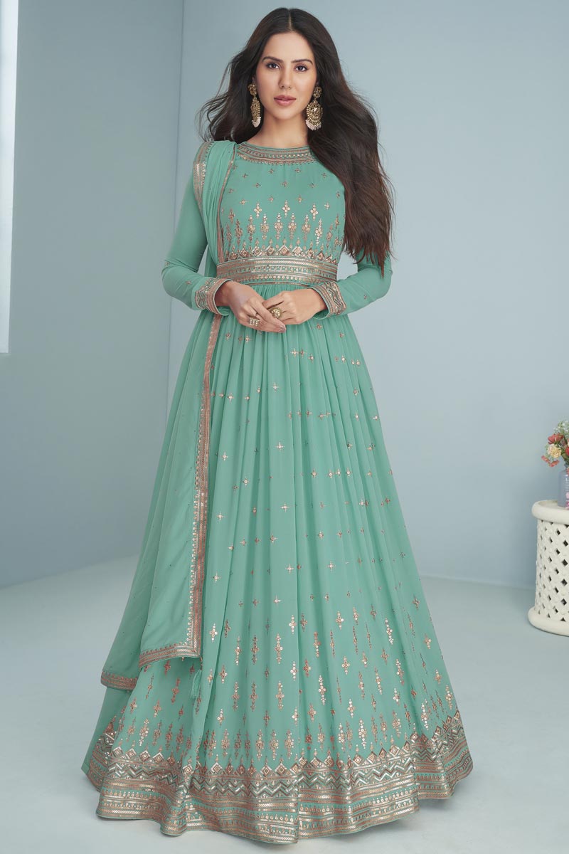 Sonam Bajwa Georgette Sea Green Color Anarkali Suit