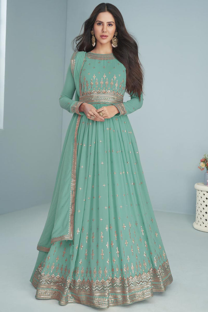 Sonam Bajwa Georgette Sea Green Color Anarkali Suit
