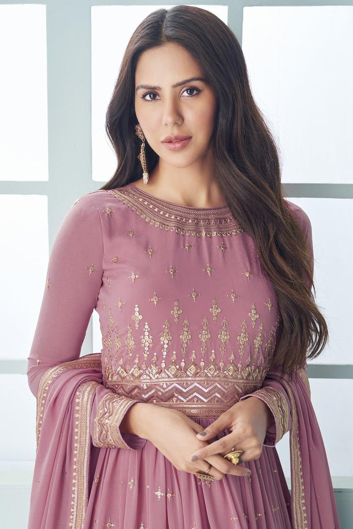 Sonam Bajwa Pink Georgette Floor Length Anarkali Suit