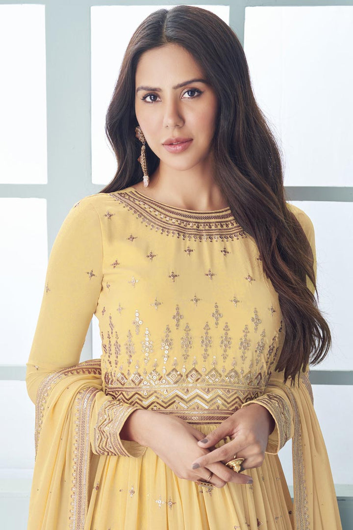 Sonam Bajwa Pale Yellow Georgette Anarkali Suit