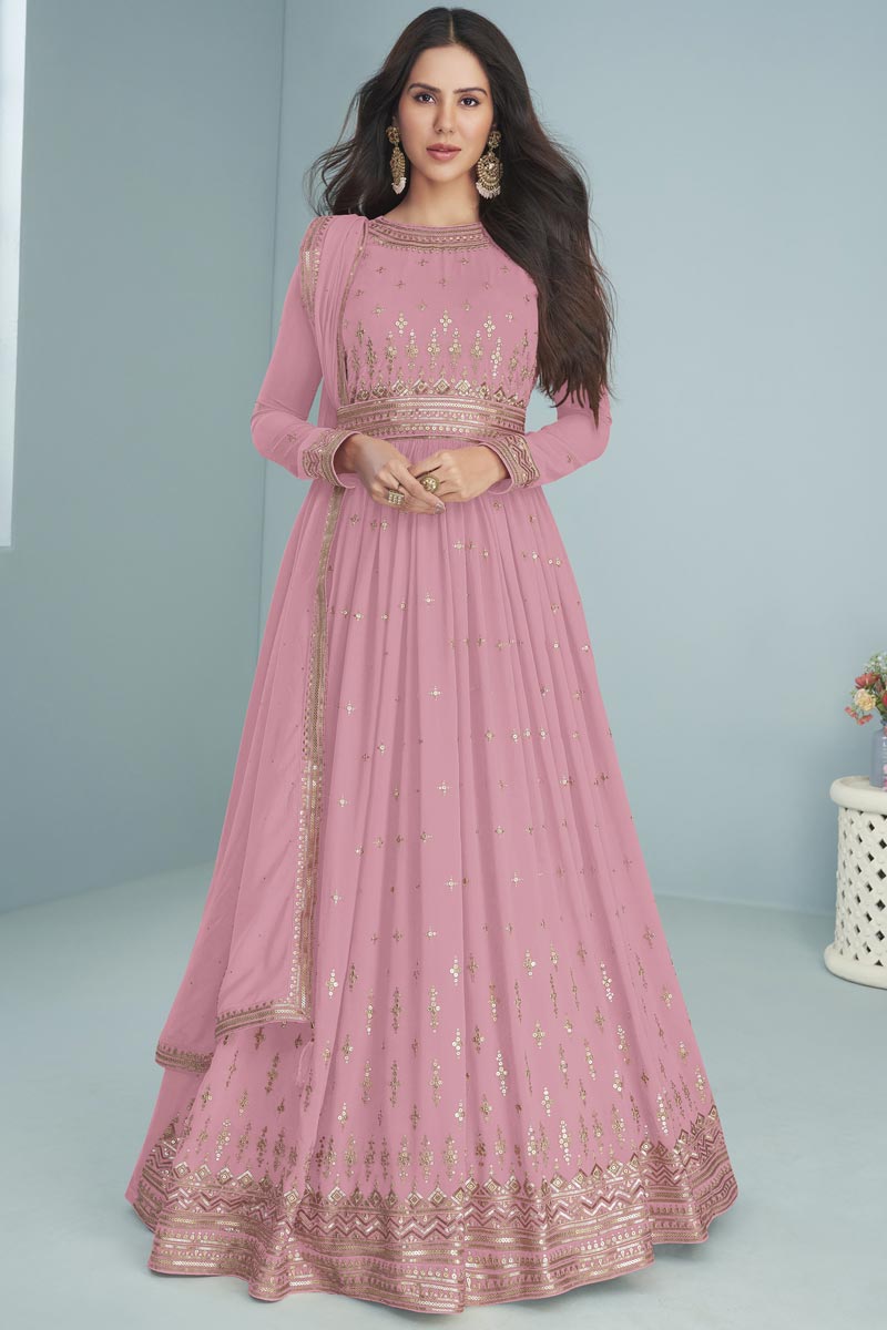Sonam Bajwa Lavender Pink Georgette Embroidered Anarkali Suit