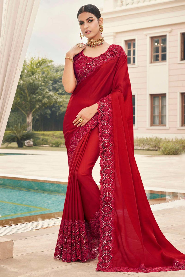 Fancy Art Silk Fabric Puja Wear Red Color Embroidery Work Saree