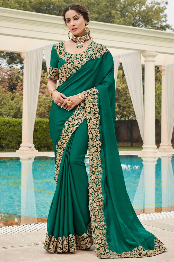 Green Color Puja Wear Fancy Art Silk Fabric Embroidery Work Saree