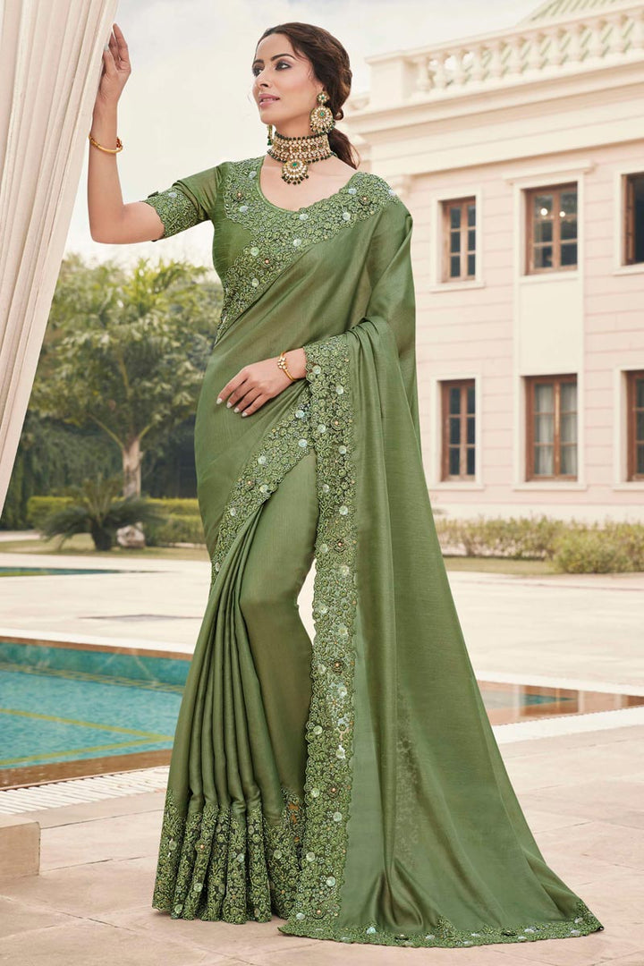 Function Wear Mehendi Green Color Fancy Art Silk Fabric Embroidery Work Saree