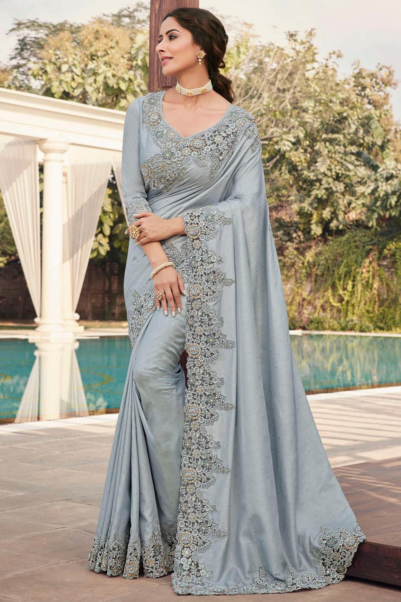 Festive Wear Art Silk Fabric Fancy Embroidery Work Saree In Grey Color