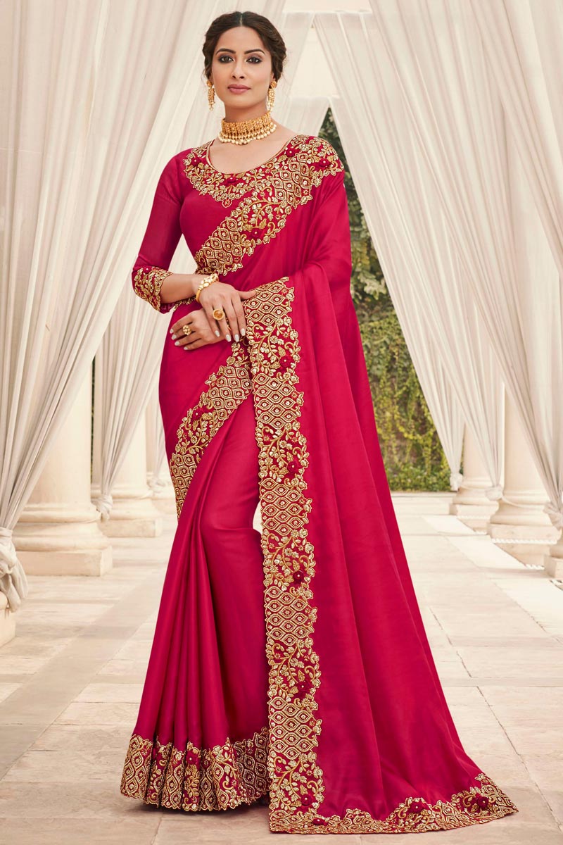 Art Silk Fabric Party Wear Rani Color Fancy Embroidery Work Saree