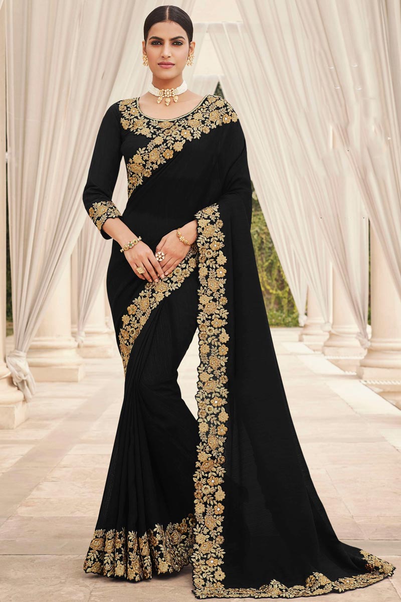 Black Color Party Wear Art Silk Fabric Fancy Embroidery Work Saree