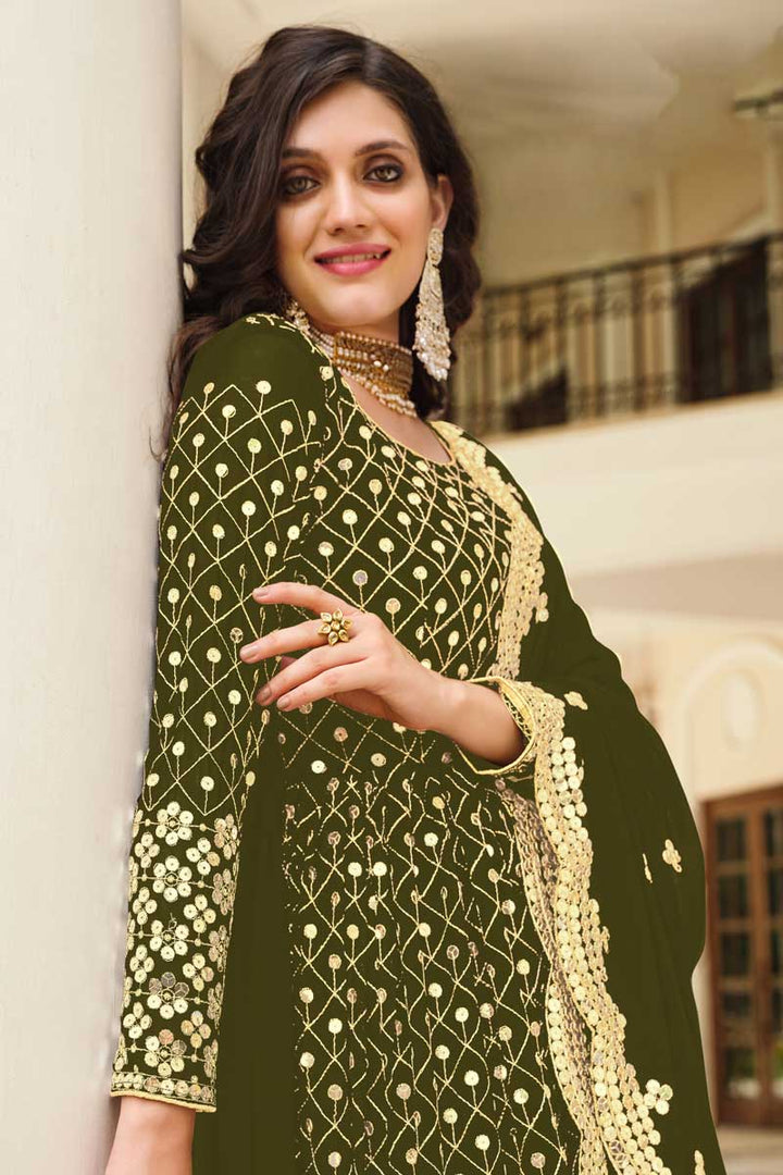 Alluring Georgette Fabric Mehendi Mehendi Green Color Party Style Anarkali Suit