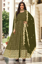 Load image into Gallery viewer, Alluring Georgette Fabric Mehendi Mehendi Green Color Party Style Anarkali Suit
