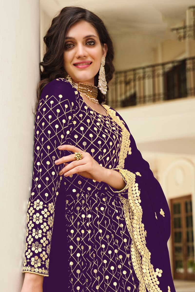 Excellent Georgette Fabric Purple Color Party Style Anarkali Suit