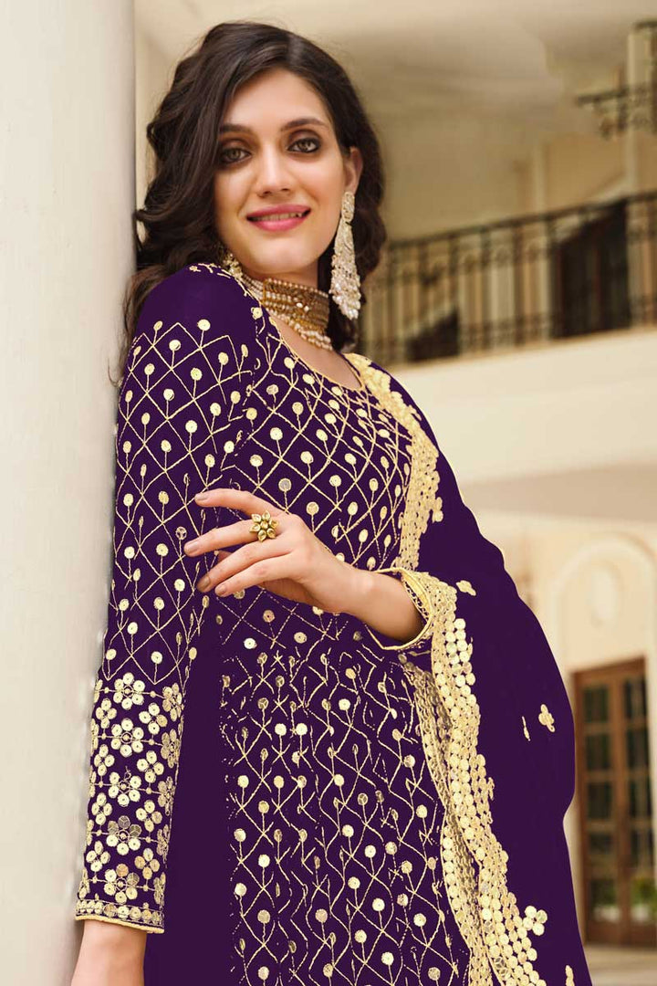 Excellent Georgette Fabric Purple Color Party Style Anarkali Suit