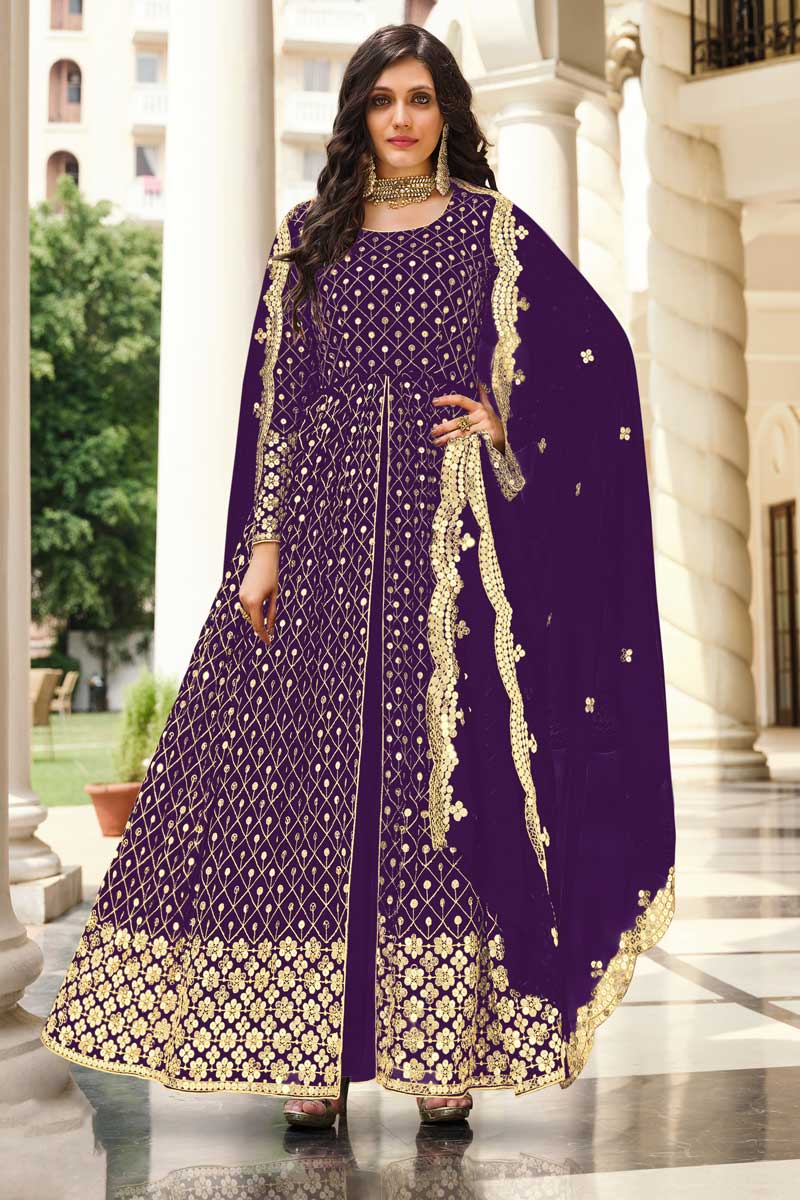 Excellent Georgette Fabric Purple Color Party Style Anarkali Suit