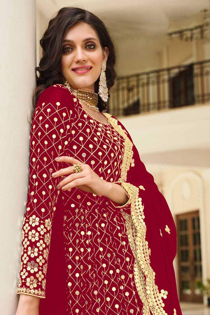 Red Color Georgette Fabric Elegant Party Style Anarkali Suit