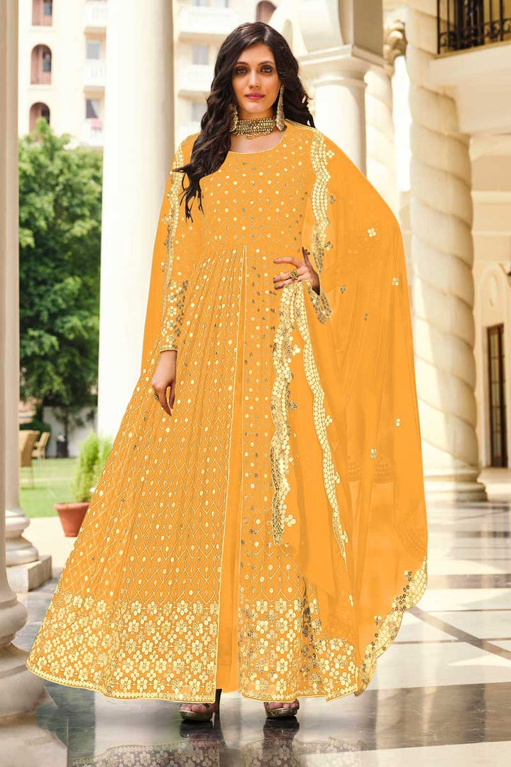 Yellow Color Georgette Fabric Tempting Party Style Anarkali Suit